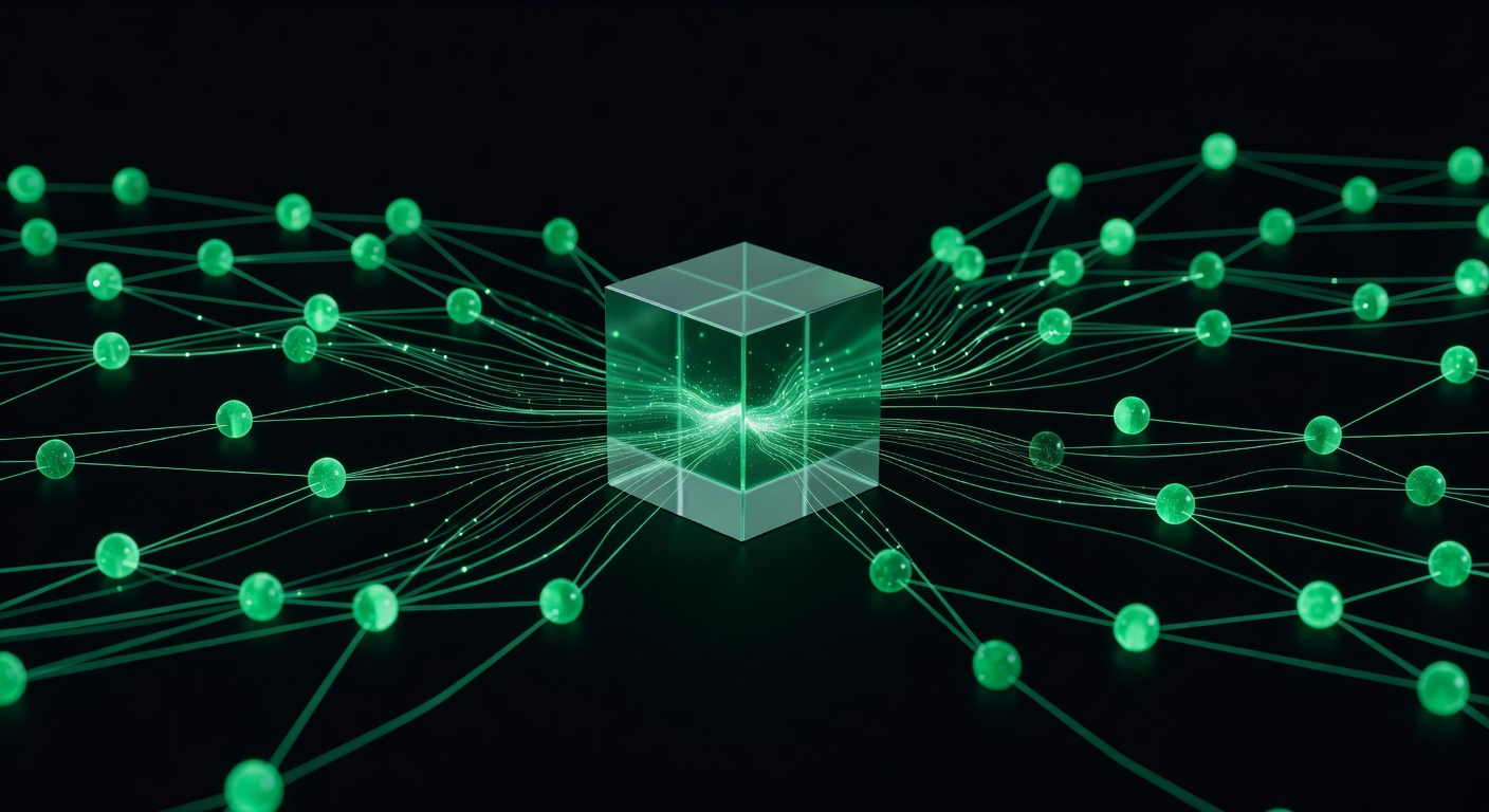Abstract data pipeline visualization showing broker API trade data flowing through connected nodes into a central engine
