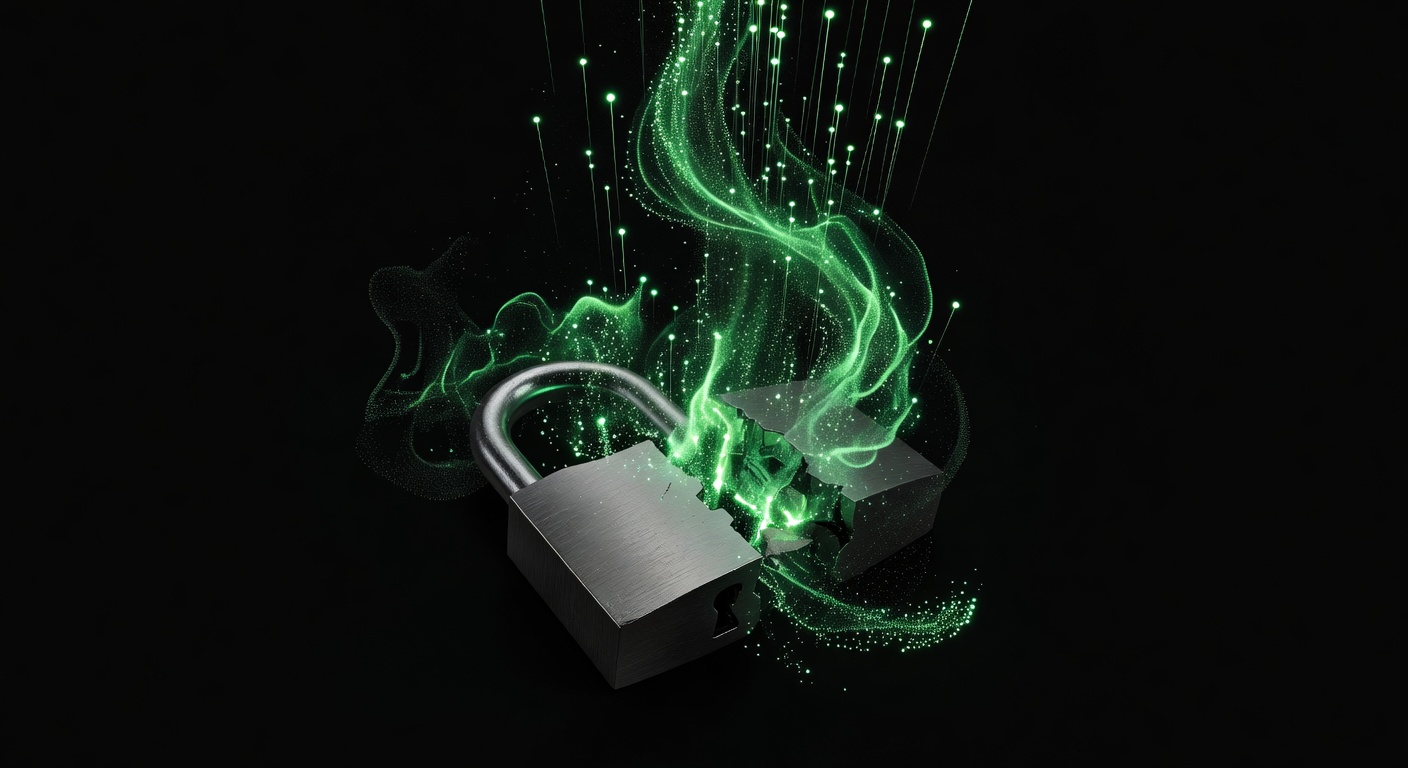 Breaking padlock dispersing into green particles representing the end of trust-based unverified retail trading claims