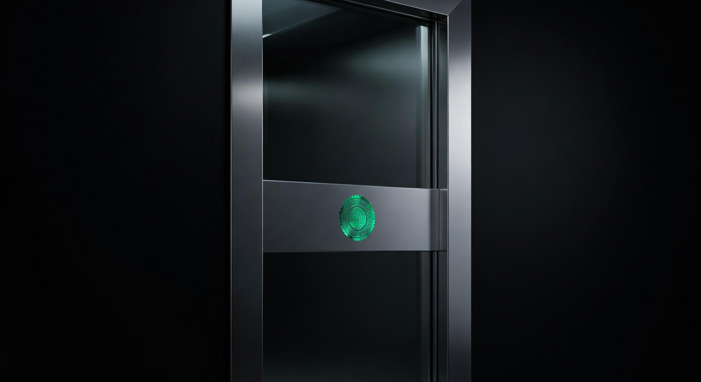 Polished vault door with an emerald verification seal symbolizing broker-verified copy trading executions on a dark background