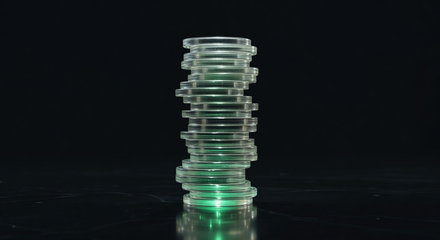 Stacked translucent coins climbing upward illustrating the cumulative growth of executed options trades to $100M