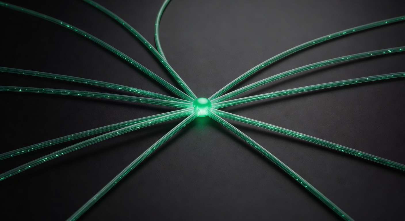 Fiber-optic cables converging into a glowing node representing expanded broker integrations and smarter execution routing
