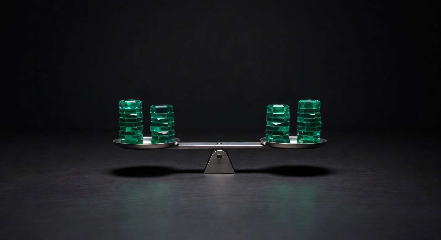 Level precision balance scale with small green chips representing protected capital and enforced per-trade risk limits