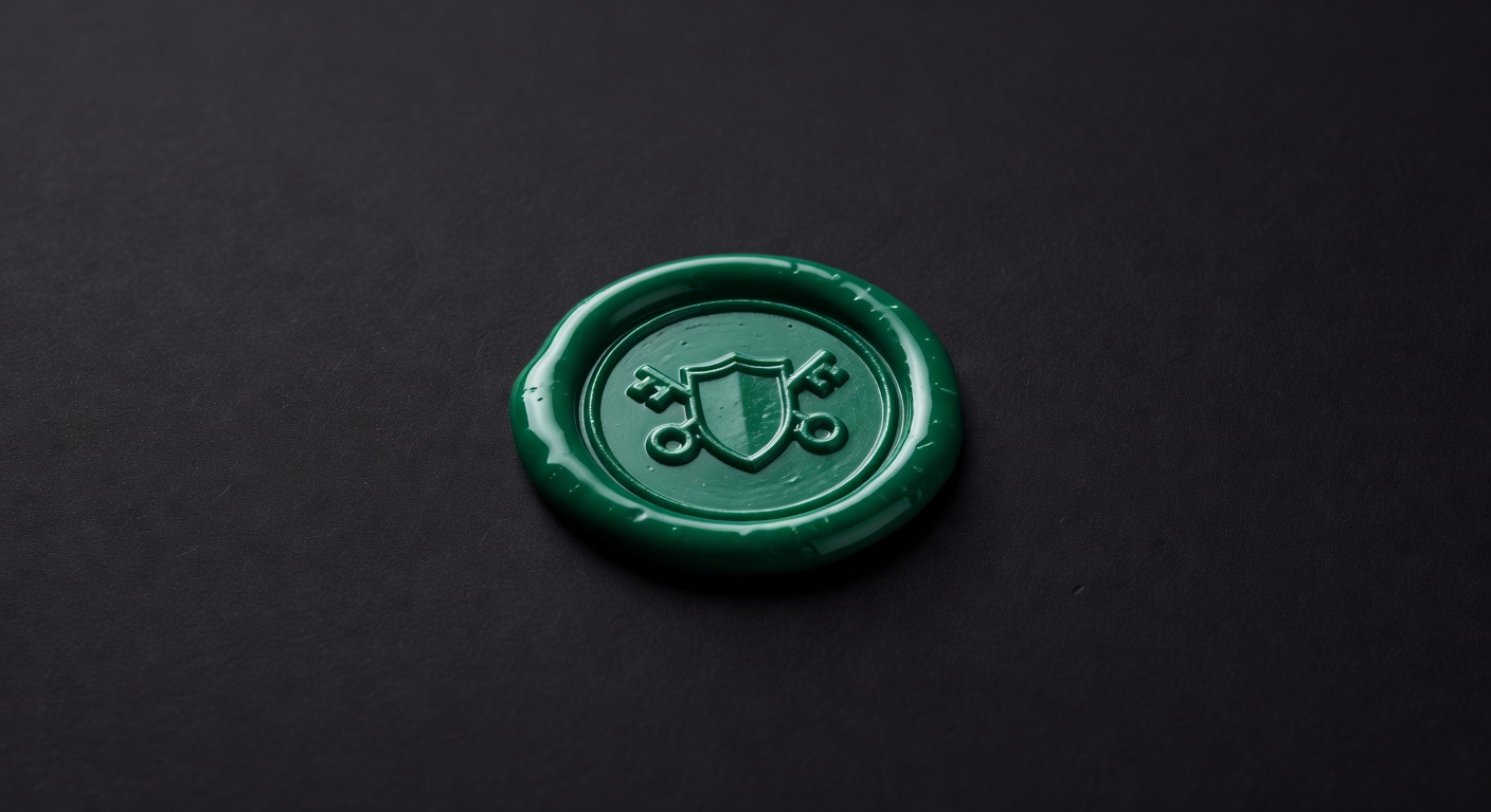 Emerald wax seal on dark surface representing broker-verified execution and trust at every step of the pipeline