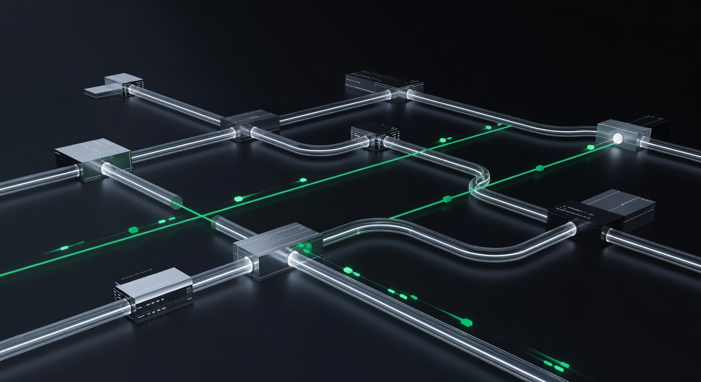 Abstract render of broker API data conduits feeding verified analytics into a central node for trading performance