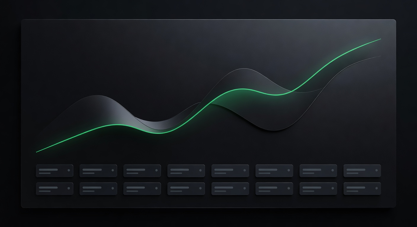 Minimalist render of a rebuilt trading dashboard showing position tiles and a rising performance curve on a dark panel