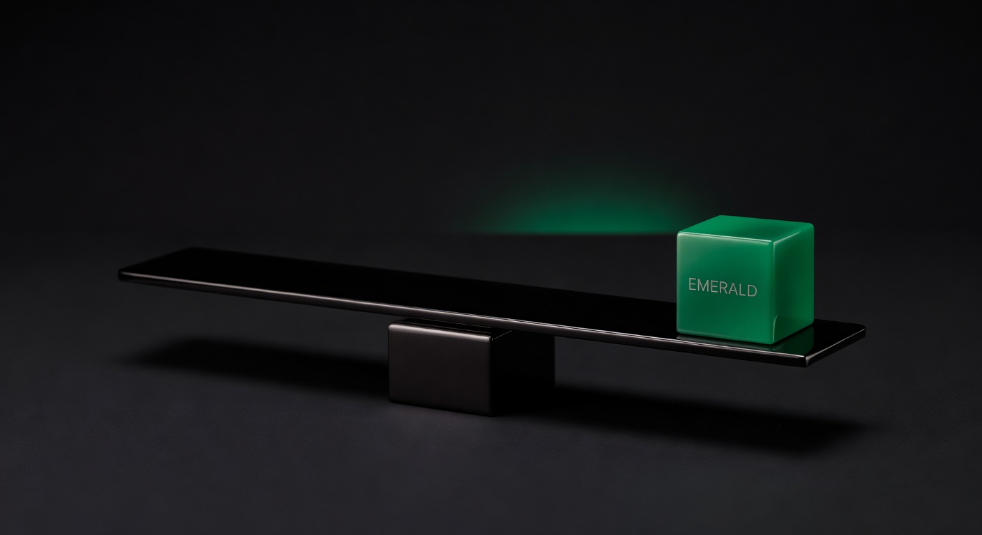 Dark editorial still life of a balance scale weighing a solid emerald cube against an empty tray to represent removing projections