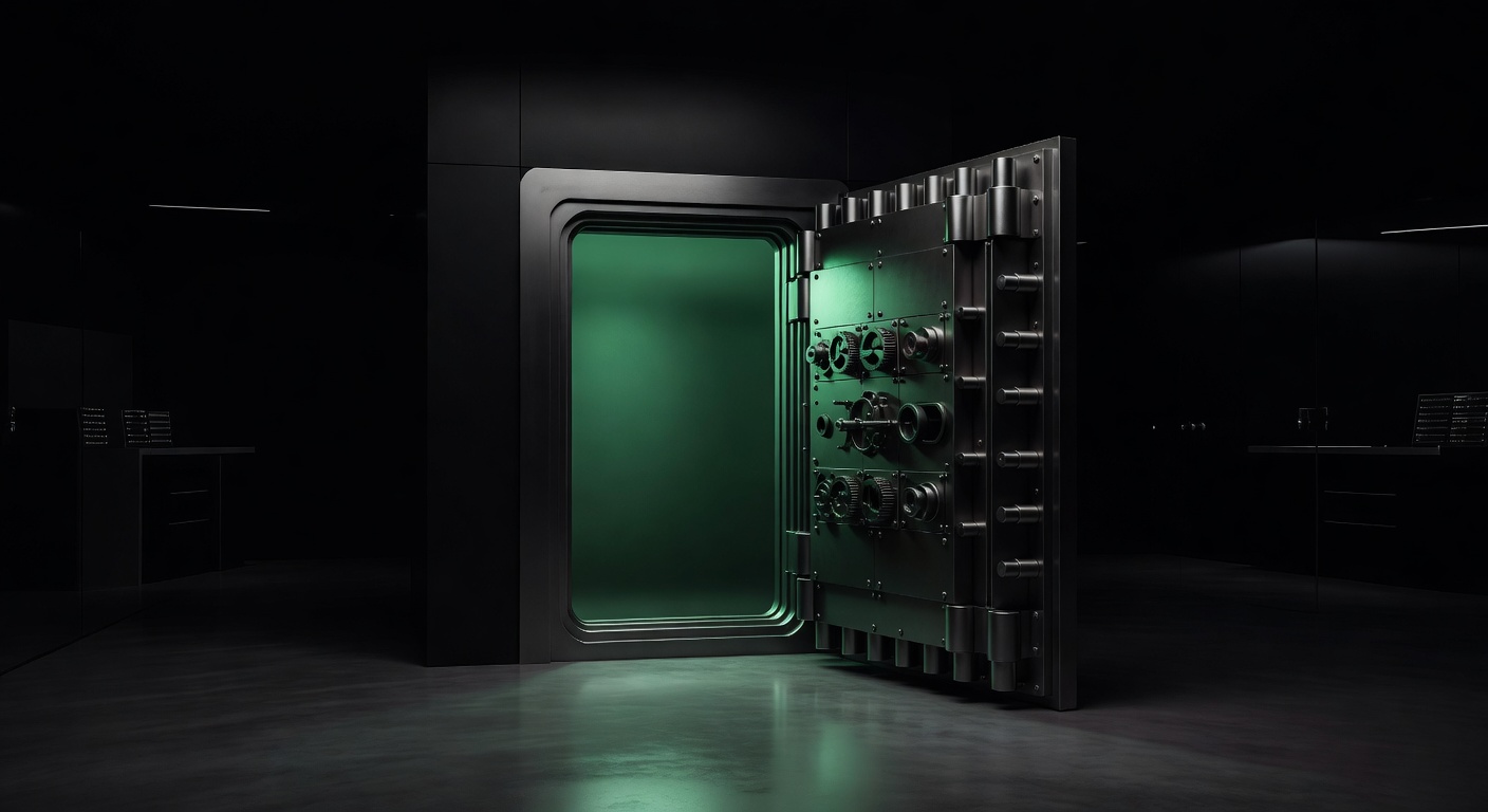 Open vault releasing emerald light symbolizing publicly accessible trader pages with no login required