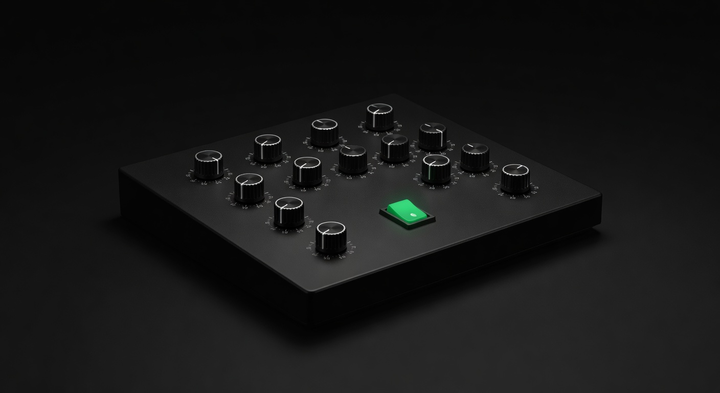 Control panel with risk-limit dials and a pause toggle representing user-defined automation controls
